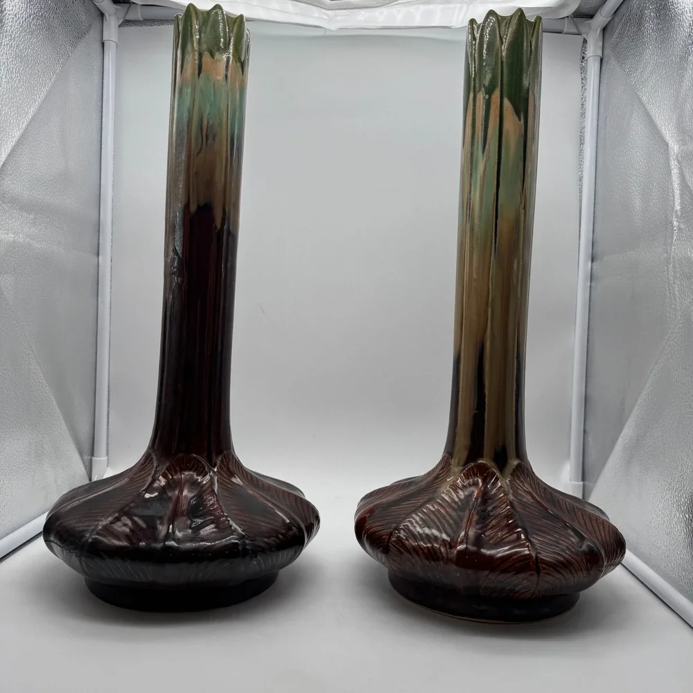 MCM Style Global Views Onion Vase Large Ceramic Art Deco Brown Green Glazed 17